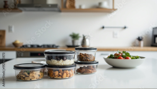 Organized Glass Containers with Healthy Snacks in Modern Kitchen