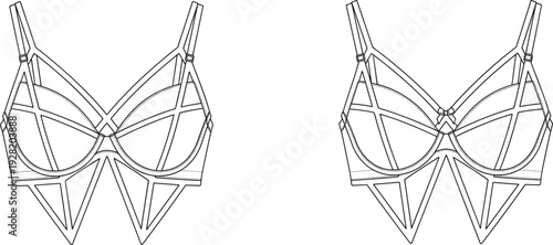 Women Strappy Underwire Bra Technical Flat Sketch with Geometric Panel Design Front and Back View Lingerie Template