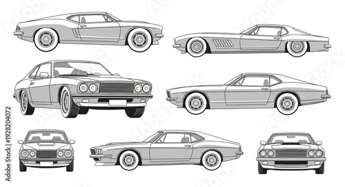 Collection of vintage car illustrations in black and white.
