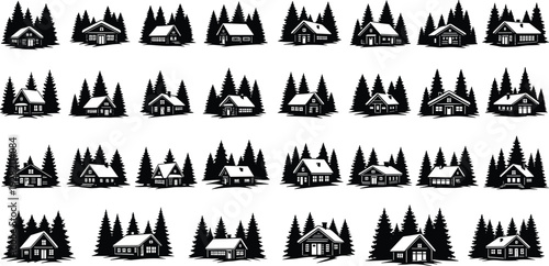 Black silhouette collection of cozy wood cabins and forest houses nestled in pine trees isolated on white background for design.