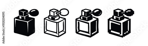 Isometric Perfume Bottle Icon Set with Sprayer Nozzle in Stylized Styles