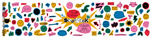 Scrapbook color elements set, cut out of paper hand drawn funky doodles and scribble shapes cute kids collection. Set of clipping shapes, multicolored stickers for collage Vector illustration isolated