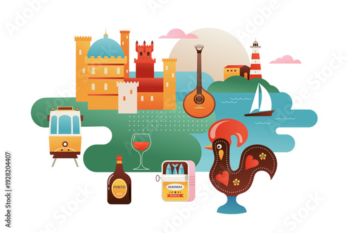 Portugal touristic attractions, landmarks and symbols colorful banner, poster and postcard background.