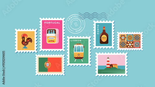Portugal postage stamps collection. Famous attractions, landmarks and touristic symbols colorful icons collection.