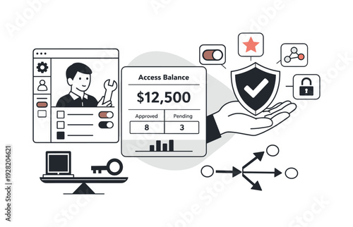 Minimalist Digital Learning Scene. Modern minimal flat vector conceptual collage, crisp hard edges, consistent THIN outline stroke