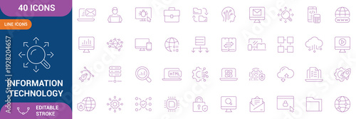 Information Technology Icon Set. Containing cloud computing, big data, data analytics, internet, network security, database, server, cyber security, artificial intelligence, machine learning and etc.