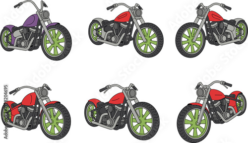 Custom chopper motorcycle collection, classic cruiser bikes vector illustration isolated on white background