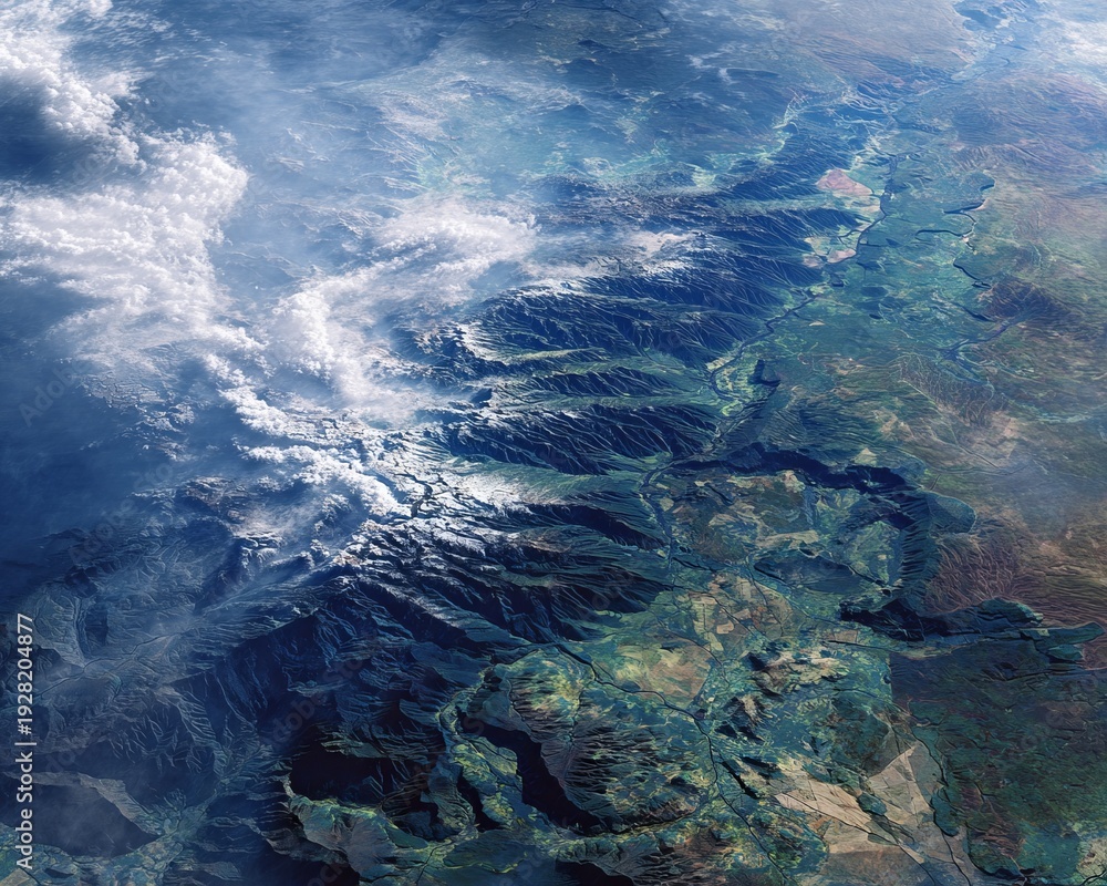 Obraz premium Aerial view of a mountain range, partially obscured by clouds, showcasing varying shades of green, brown, and blue