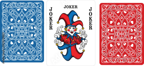 Classic joker playing card with red and blue deck backs illustration showing traditional casino poker design isolated vector artwork