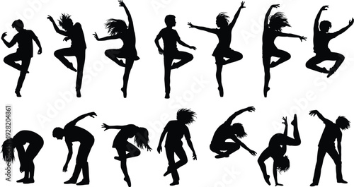 Dynamic dancing people silhouettes set showing expressive jumps modern movement poses isolated black figures for creative design and motion concepts illustration vector