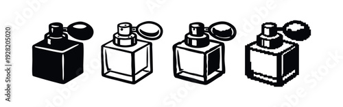 Cuboid Perfume Bottle with Sprayer Icon Set in Different Stylized Forms