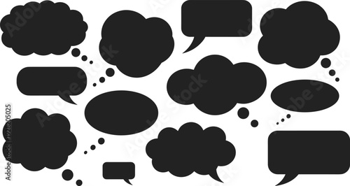 Collection of black silhouette speech and thought bubbles on white Keywords: speech bubble, thought bubble, comic, cartoon