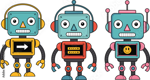 Cute cartoon robots collection, colorful retro android characters, friendly robot illustration set, futuristic technology mascot design