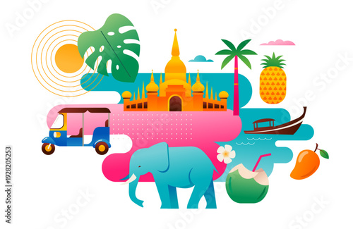 Thailand attractions, landmarks and symbols colorful icons collection.