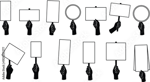 Black silhouette collection of hands holding blank protest signs and placards isolated on white background for demonstration and message design