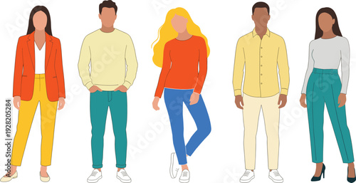 Vector illustration of diverse group of young professional people standing in casual stylish outfits for teamwork and community concept