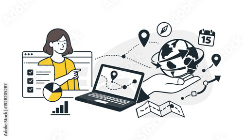 Modern minimal flat vector conceptual collage, crisp hard edges, consistent THIN outline stroke, rounded corners where needed,