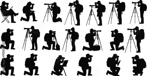 Black silhouette collection of professional photographers and nature observers with tripods and binoculars isolated on white background for creative design.