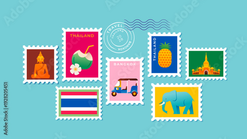 Thailand postage stamps collection. Famous attractions, landmarks and touristic symbols colorful icons collection.