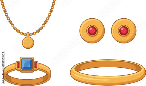 Gold Jewelry Set with Necklace, Earrings, Ring and Bangle Featuring Gemstone Details in Elegant Luxury Style Illustration