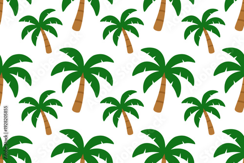 Tropical pattern of playful palm trees with green fronds and brown trunks on white, evoking a breezy island vibe perfect for textiles, wallpapers, or decor.