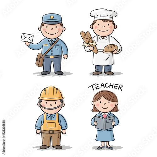 Diverse Professions Cartoon Characters: Postman, Baker, Builder, Teacher