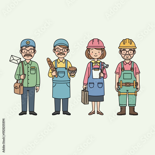 Diverse Professionals: Postman, Baker, Architect, Builder - Cartoon Characters