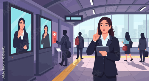 Businesswoman standing in modern office lobby holding tablet.