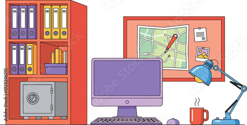 Modern Home Office Workspace Illustration with Computer Desk, Filing Cabinet, Safe Box, Bulletin Board Map and Desk Lamp Setup