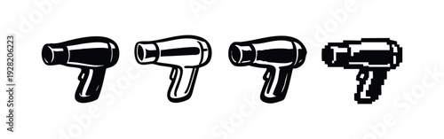 Bold Hair Dryer Icon Set. Vector illustration of blow dryer symbols in filled, line art, and pixelated styles.