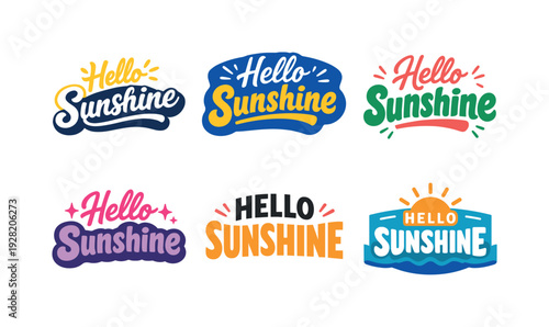 Modern holiday banner with short greeting slogan featuring modern lettering logo set for Hello Sunshine, stock-ready cheerful