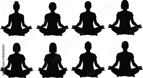Meditation yoga silhouettes set showing men and women sitting lotus pose practicing mindfulness calm balance isolated black figures vector illustration