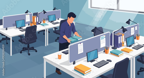 Man Working at Office Desk Computer.