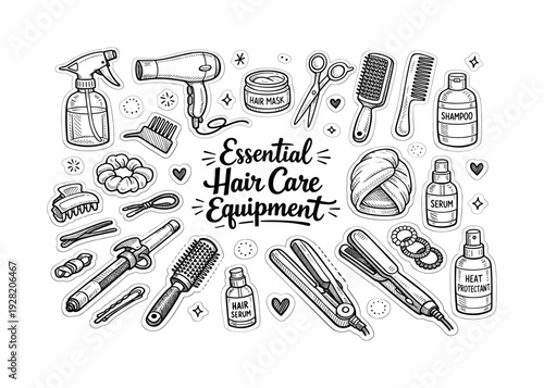 Essential hair care equipment, hand drawn doodle elements set, center hand-lettered title, black & white vector line art, bold