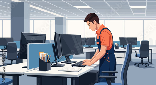 Man Working on Computer in Office.