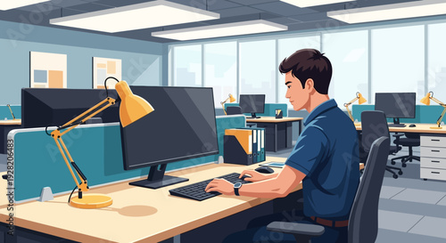 Man Working on Computer in Office.