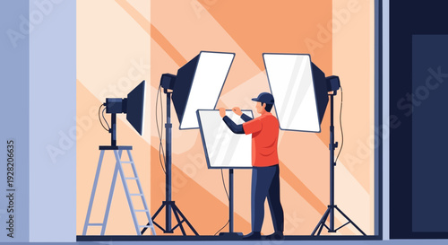 Photographer Setting Up Studio Lighting Equipment.