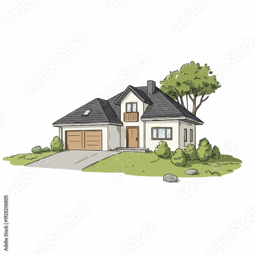 Cartoon House Illustration with Garage and Garden