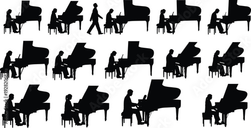 piano player, grand piano, musician, silhouette, music, instrument, performance, classical, artist, concert, isolated, black, collection, people, playing, keyboard, vector, illustration, design, jazz,