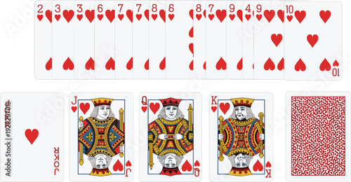 Playing cards hearts suit collection including numbers face cards joker and deck back isolated casino poker game illustration vector