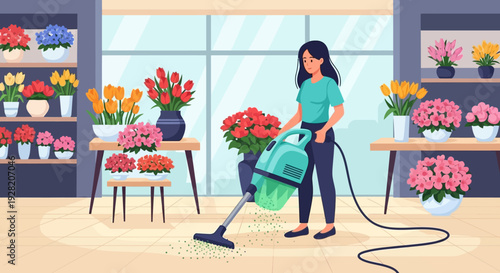 Woman Cleaning Floral Shop with Vacuum.