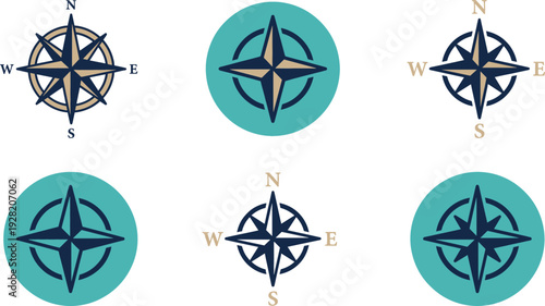 Compass Rose Icons Collection with North South East West Directions in Nautical Vintage Navigation Symbol Style