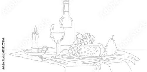 Wine Bottle Grapes Cheese Pear Candles on Table
