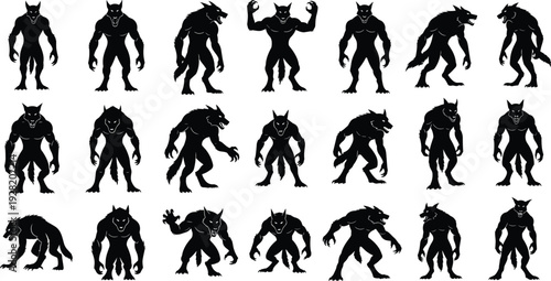 werewolf, monster, creature, silhouette, halloween, horror, beast, fantasy, scary, animal, isolated, black, collection, character, myth, transformation, vector, illustration, design, spooky, clipart, 