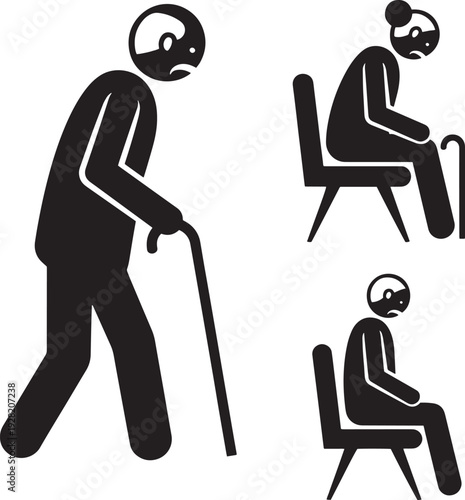 Elderly people silhouettes showing sadness and difficulty walking with canes