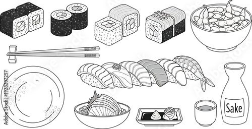 Sushi Food Illustration with Sake and Chopsticks