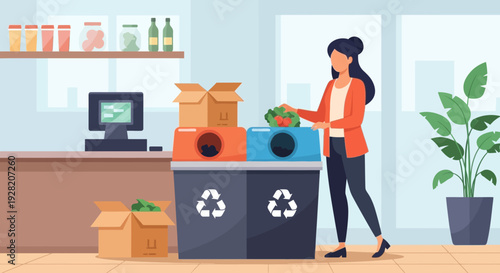 Woman Sorting Recyclable Materials into Bins.