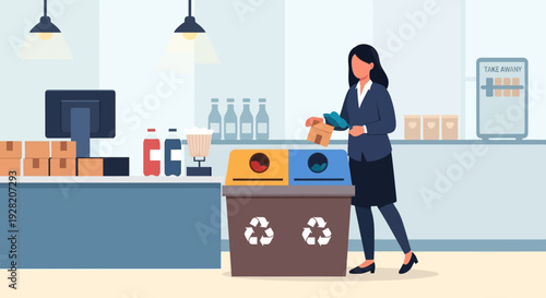 Woman Sorting Waste into Recycling Bins.