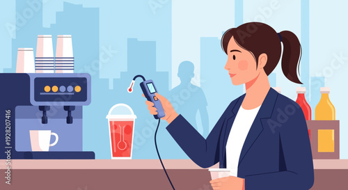 Woman Using Credit Card Machine at Coffee Shop.