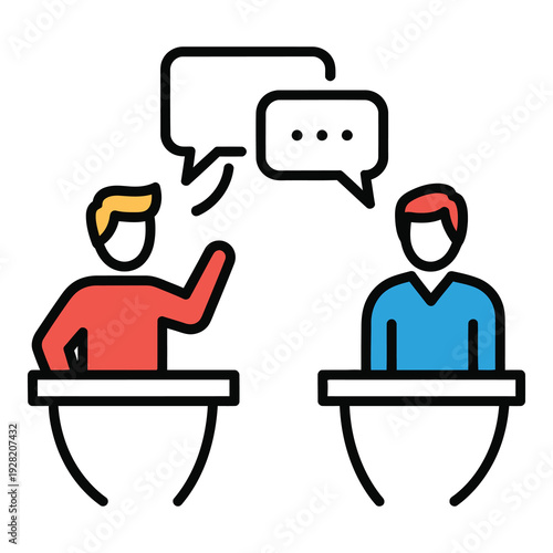 Two people talking to each other at desks with speech bubbles icon